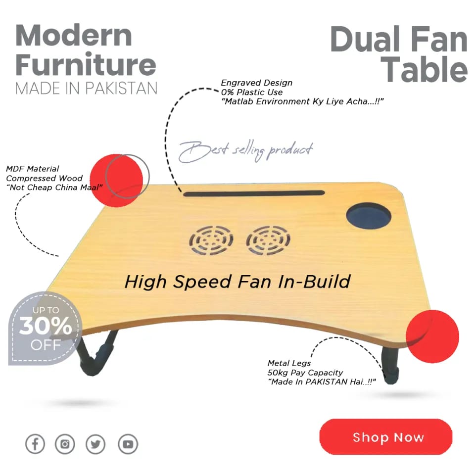 Multi-Function Laptop Bed Table – Fan & Holders